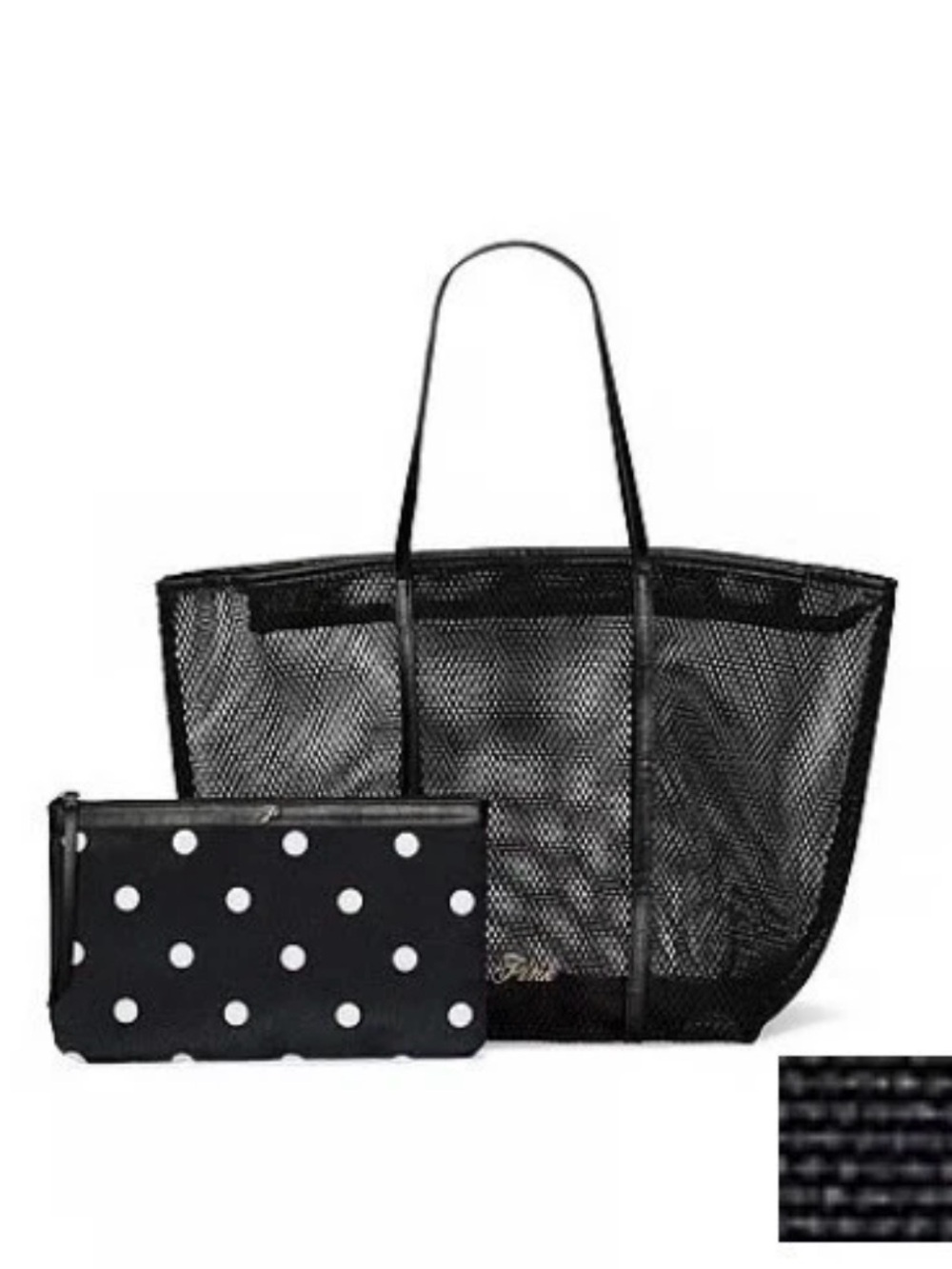 PINK Victoria's Secret Black Mesh Tote with Black Polka Dot Pouch